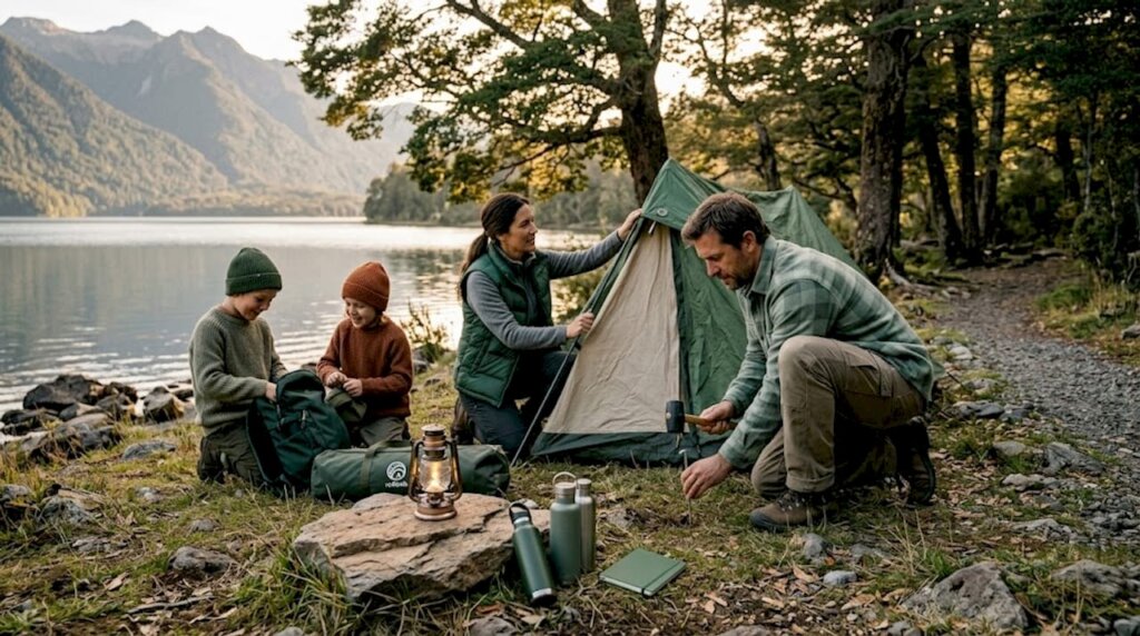 Familia disfrutando de armar su tienda de campaña en un camping seguro