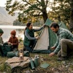 Familia disfrutando de armar su tienda de campaña en un camping seguro