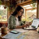 Una mujer aprovecha la mañana para trabajar en su portátil mientras disfruta de un café en una cafetería de Santiago.