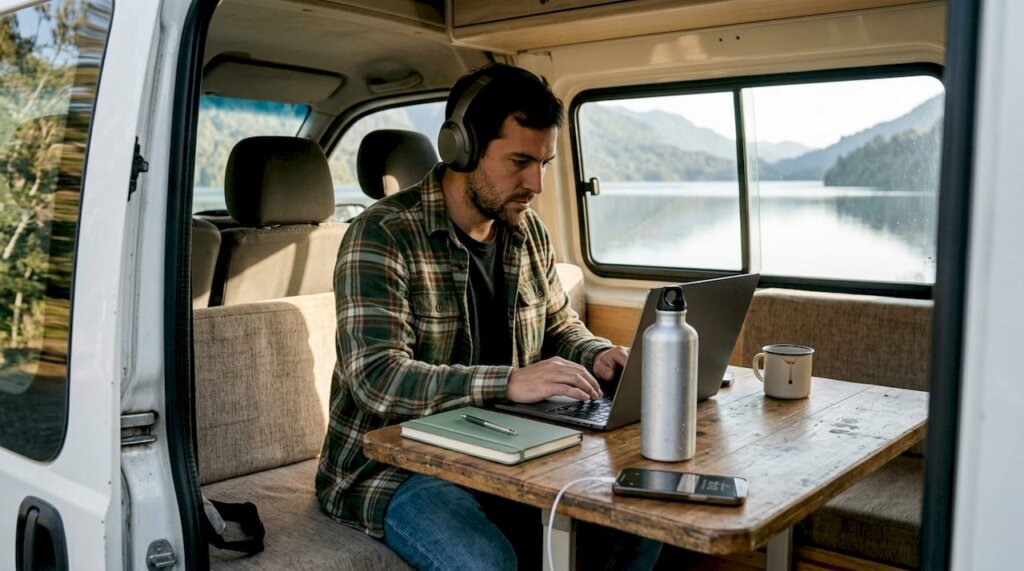 Trabajando de forma remota desde mi camper en pleno Chile, rodeado de paisajes increíbles y conectado gracias a mi portátil.