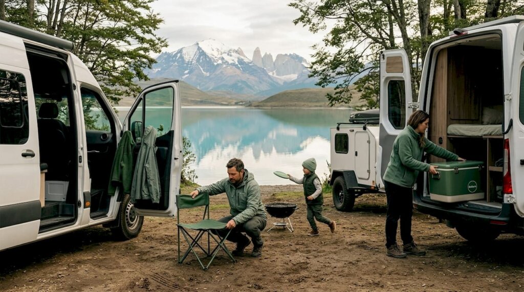 Familia disfrutando de un campamento junto a su casa rodante y remolque en algún paraje de Chile