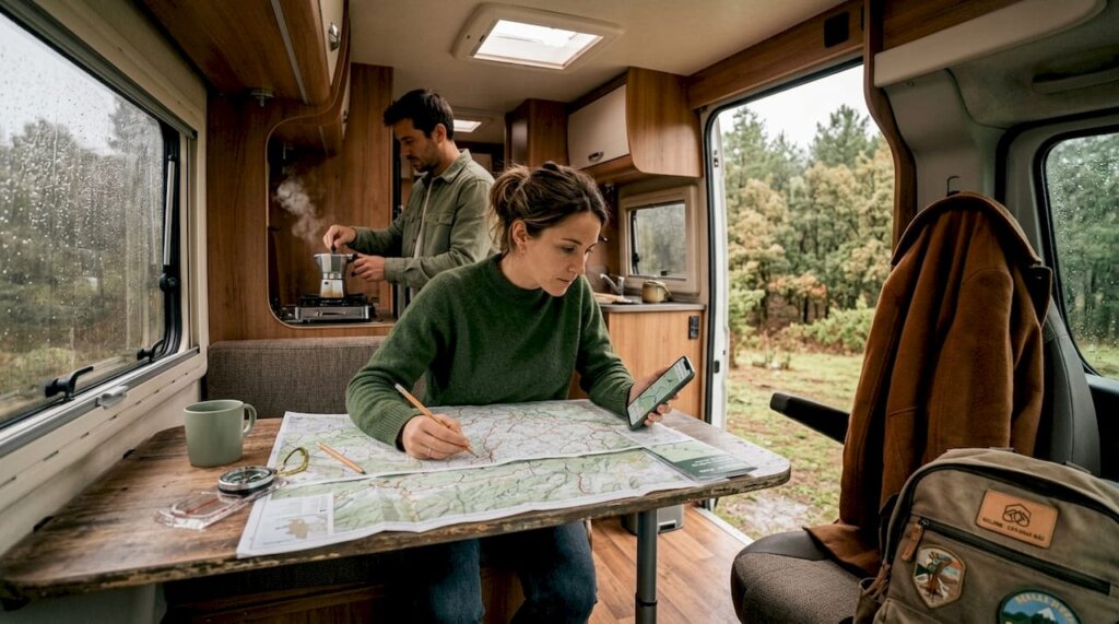 Mujer viajera planificando su ruta con mapas desde su motorhome en Chile