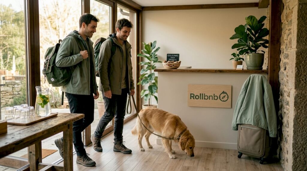 Una familia llega al hotel con su perro, aprovechando que el alojamiento acepta mascotas.
