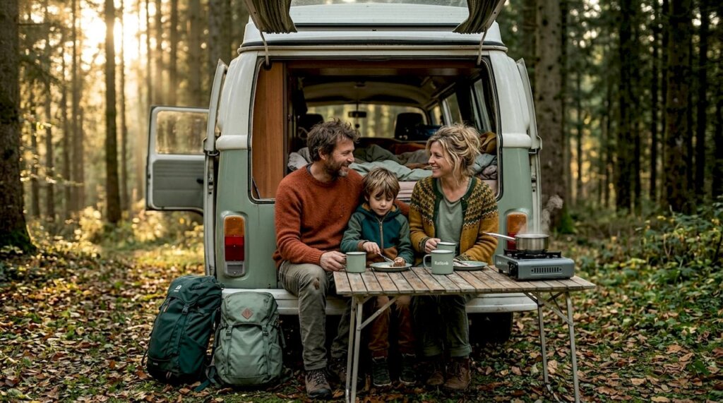 Una familia disfruta del desayuno sentada junto a su furgoneta camper