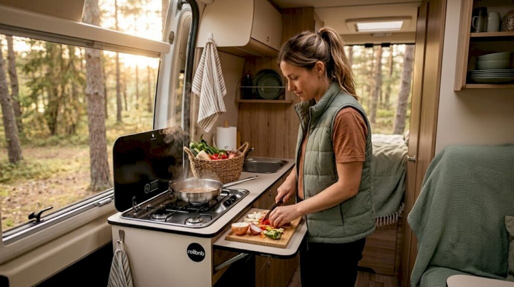 Una mujer prepara una comida saludable con verduras en el interior de su furgoneta camper.