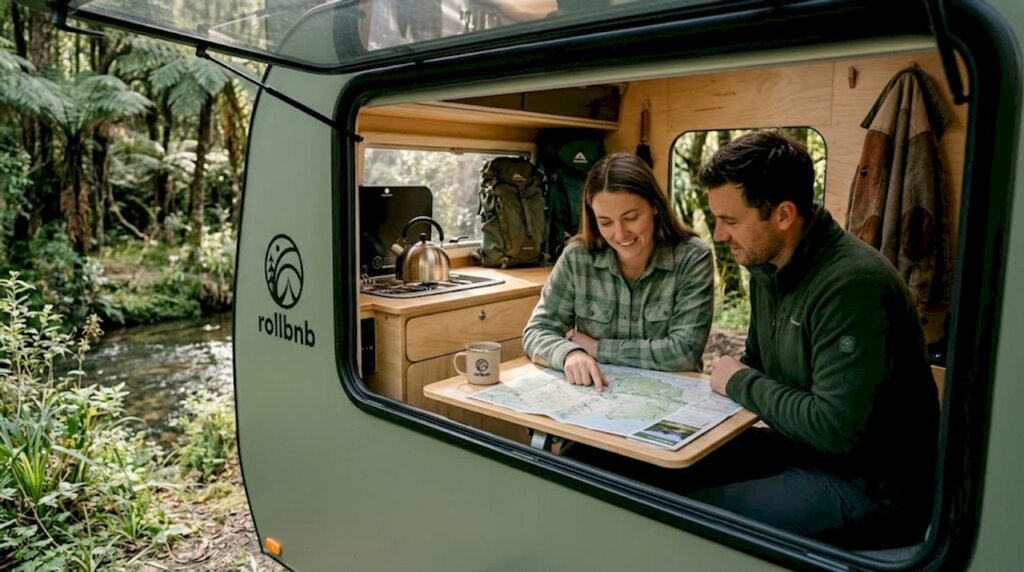 Pareja de aventureros consultando el mapa dentro de su mini camper