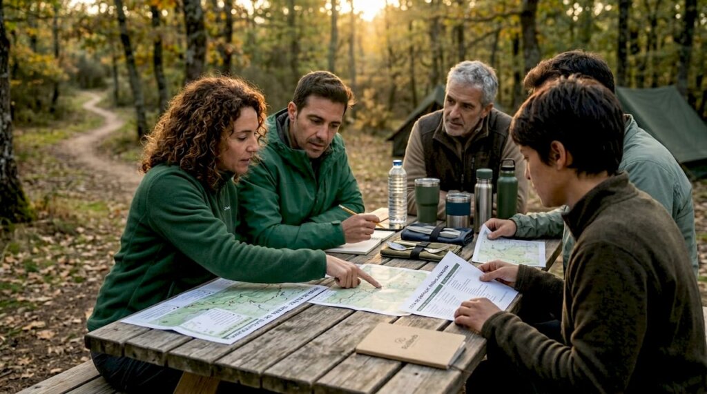 Un grupo de personas organizando una acampada al aire libre