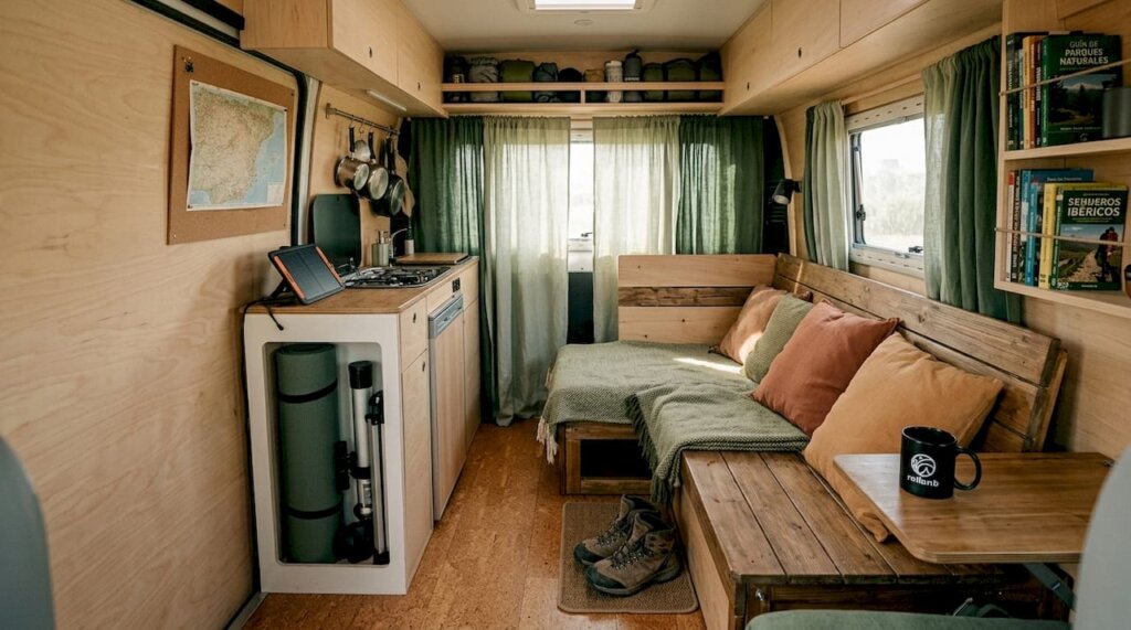 Interior de caravana luminoso y práctico, con paredes blancas que aportan sensación de amplitud.