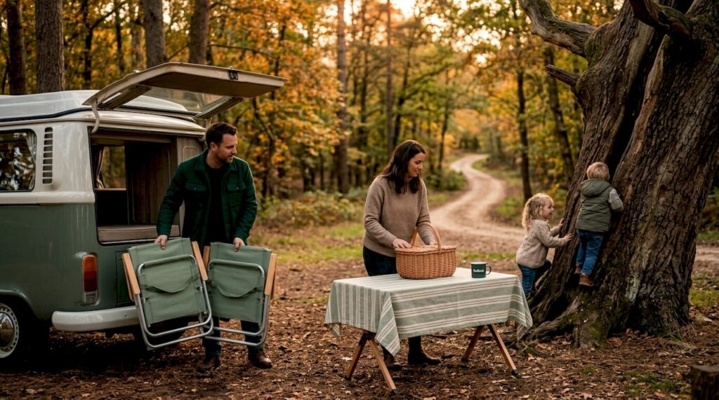 Una familia monta su campamento junto a la caravana para disfrutar de una aventura en carretera.