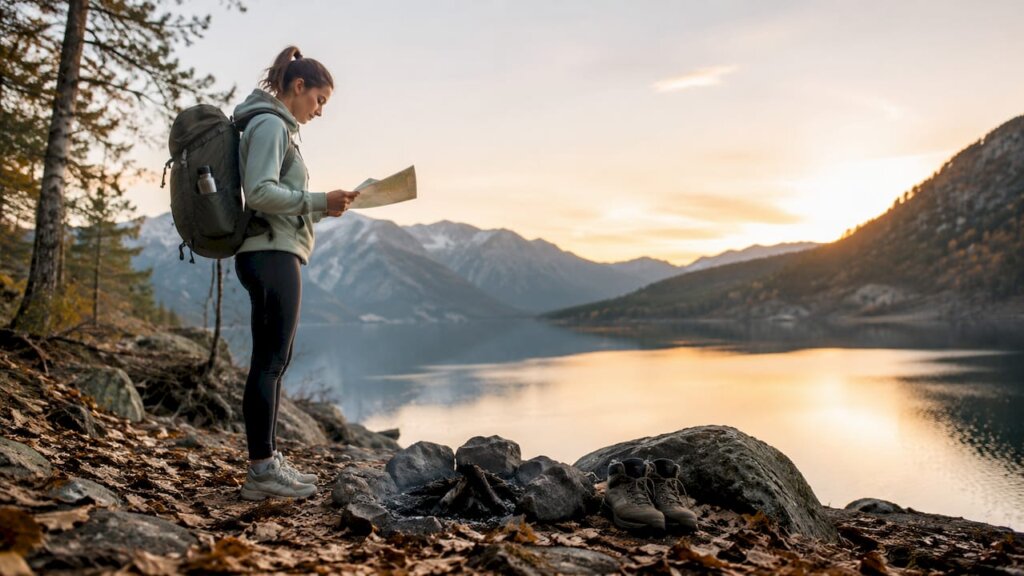 Mujer tomando un respiro en medio de un sendero de montaña