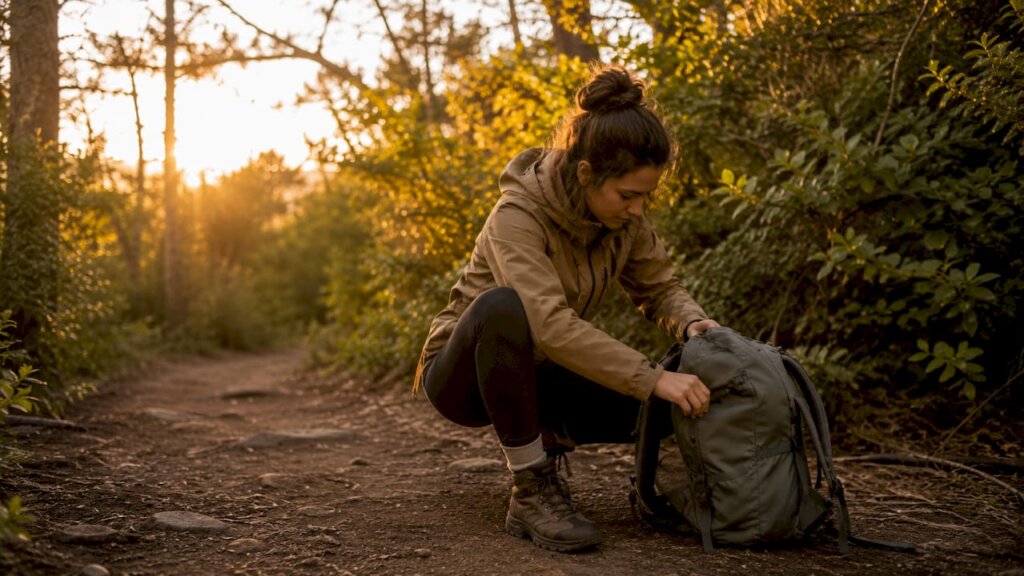 Una viajera organiza su mochila mientras recorre un sendero rodeado de naturaleza.