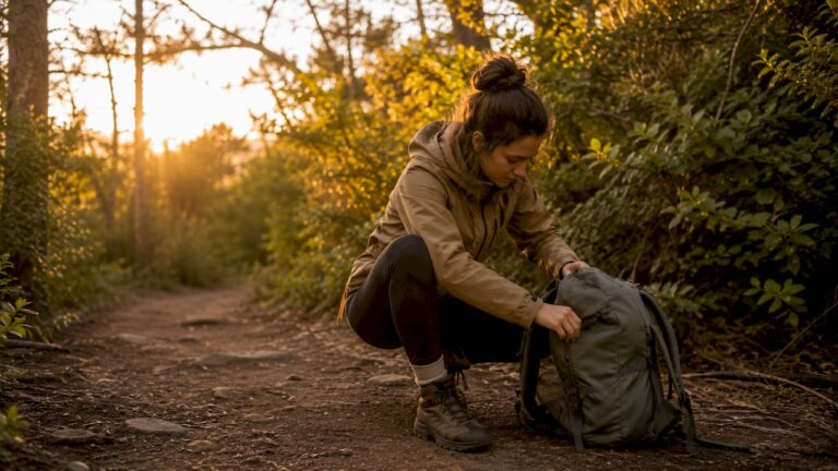 Una viajera organiza su mochila mientras recorre un sendero rodeado de naturaleza.