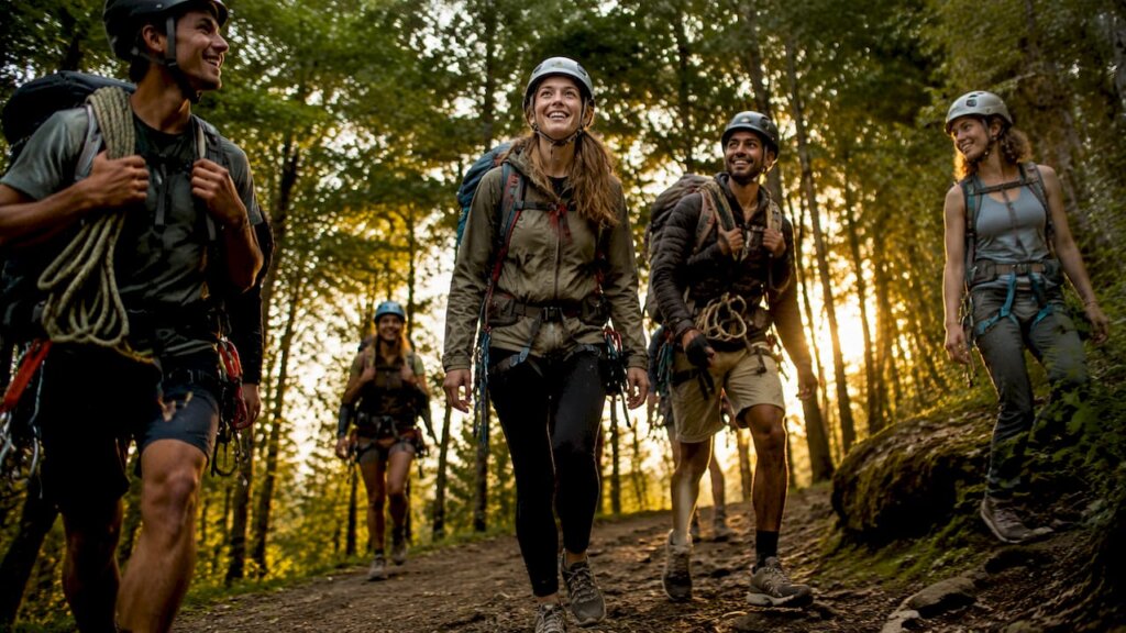Un grupo de personas recorre un sendero de montaña mientras amanece.