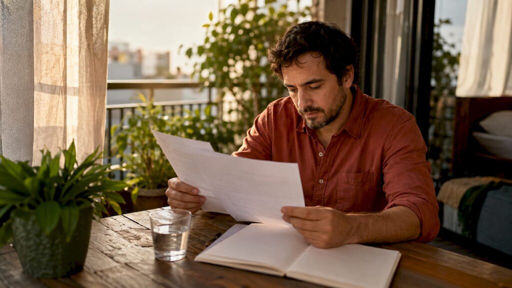 Hombre revisando papeles antes de publicar su casa rodante en Chile
