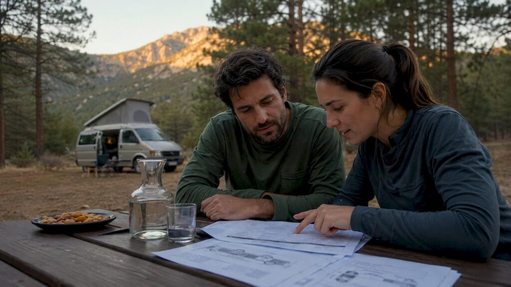 Una pareja consulta detenidamente las especificaciones técnicas de una autocaravana.