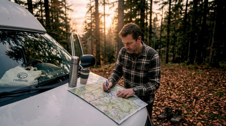 Hombre organizando su ruta en caravana al aire libre, usando un mapa