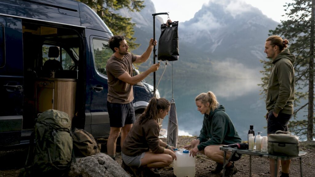 Un grupo de amigos monta una ducha portátil en su furgoneta camper
