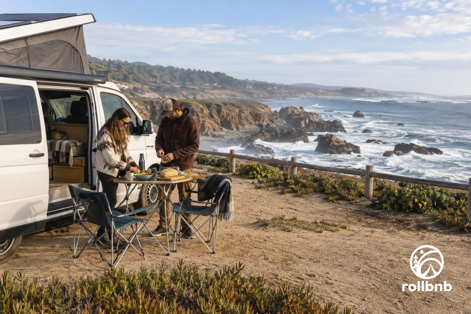 Viajeros preparan una comida junto a su camper frente a la costa cercana a Pichilemu
