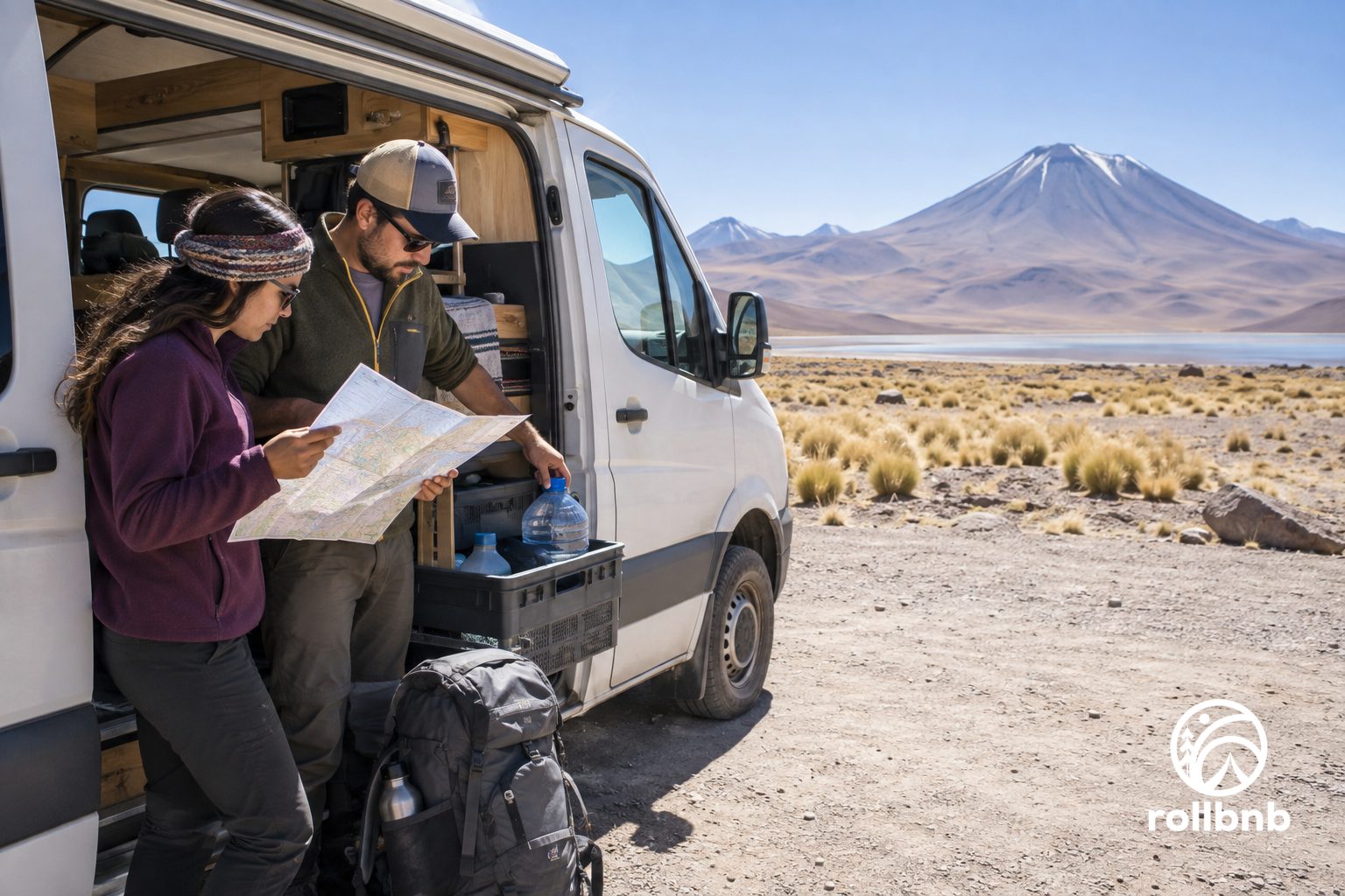 Viajeros revisan un mapa y sus reservas de agua junto a una camper en el altiplano de Atacama