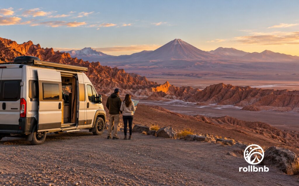 Camper y viajeros frente a volcanes y formaciones rocosas del desierto de Atacama