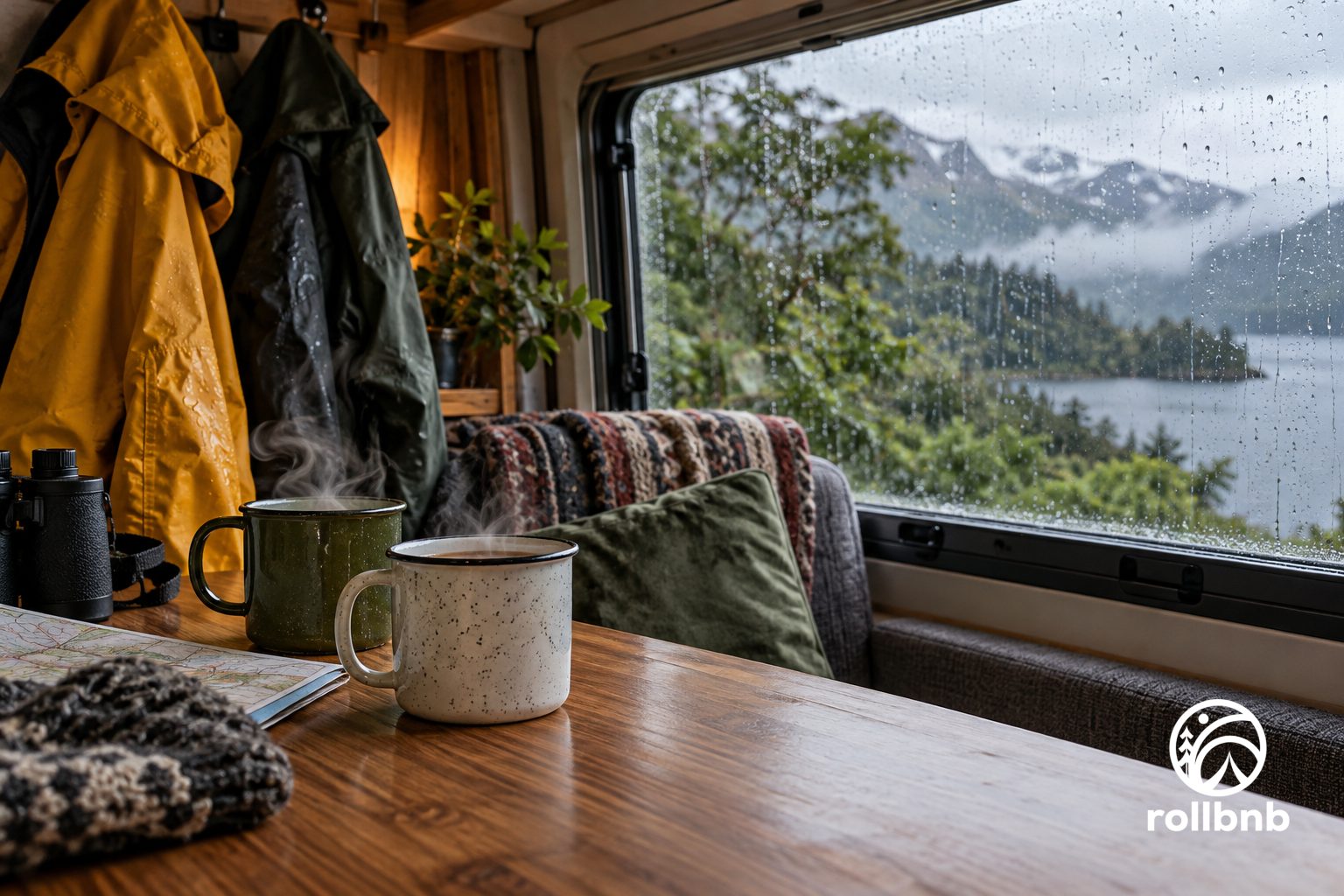 Tazas calientes y chaquetas impermeables dentro de una camper mientras llueve afuera