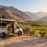 Camper junto a cultivos verdes y cerros áridos en un paisaje inspirado en el Valle del Elqui