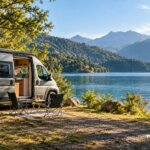 Camper junto a un lago de aguas azules y cerros boscosos en un paisaje inspirado en Panguipulli