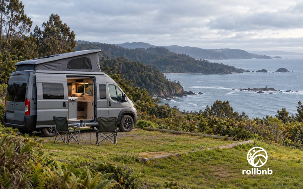 Camper estacionada sobre terreno firme junto a una costa verde inspirada en el litoral valdiviano